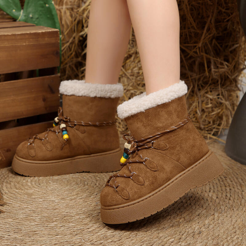 Fashion Chunky Platform Non Slip Furry Snow Boots Women 2025 Winter Soft Thick Bottom Warm Plush Ankle Boots Colorful Bead Lace Up Shoes