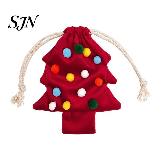 Indoor Holiday Scene Layout Props Christmas Tree Drawstring Gift Bag, Plush Pom Bell Hanging Durable Polyester Packaging Ornament, Reusable
