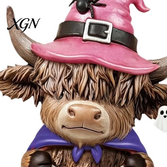Halloween Table Decorations 2 Pcs Highland Cow Figurines, Boo Pumpkin Ghost Statue with Decorative Figurines Witch Hat, Wooden Scottish Ornament
