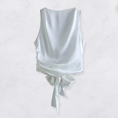Yousheng Women Summer Vest Round Neck Sleeveless Backless Smooth Satin Texture Vest Top with Bow Tie Closure Tank Tops