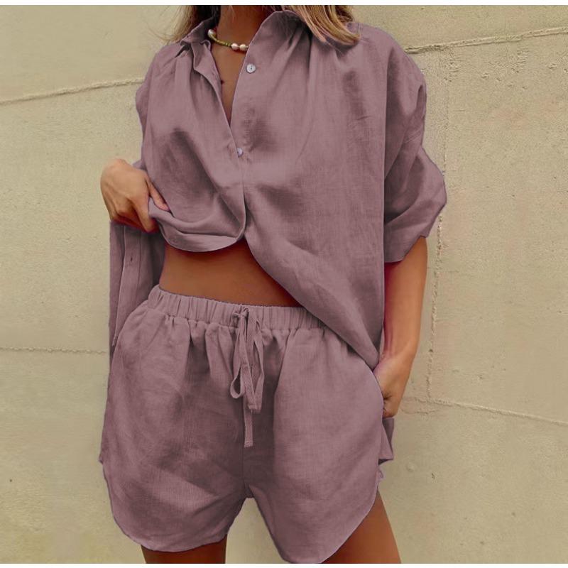 Fashion Solid Shirt Home Suits Casual Short Sleeve Tops + Drawstring Shorts Two Piece Set Summer Women Button Loose Outfit