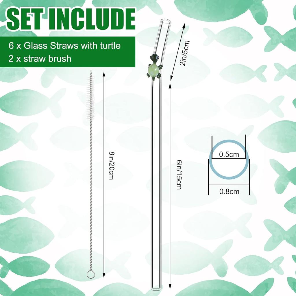 6 Pcs Glass Straw with Design Shatter Resistant Reusable Clear Bent Cute Straws 8 mm x 7.9 Inch with 2 Pcs Cleaning Brush for Drinking Smoothie
