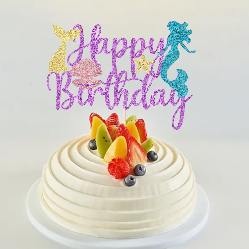 Mermaid Happy Birthday Cake Topper - Glitter Mermaid Under The Sea Theme Cake Topper, Baby Shower Gender Reveal Party, Boys and Girls Birthday Party