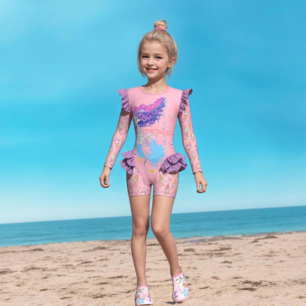 Costume da bagno intero a maniche lunghe con volant per bambina, con slip, certificato CPC per bambini