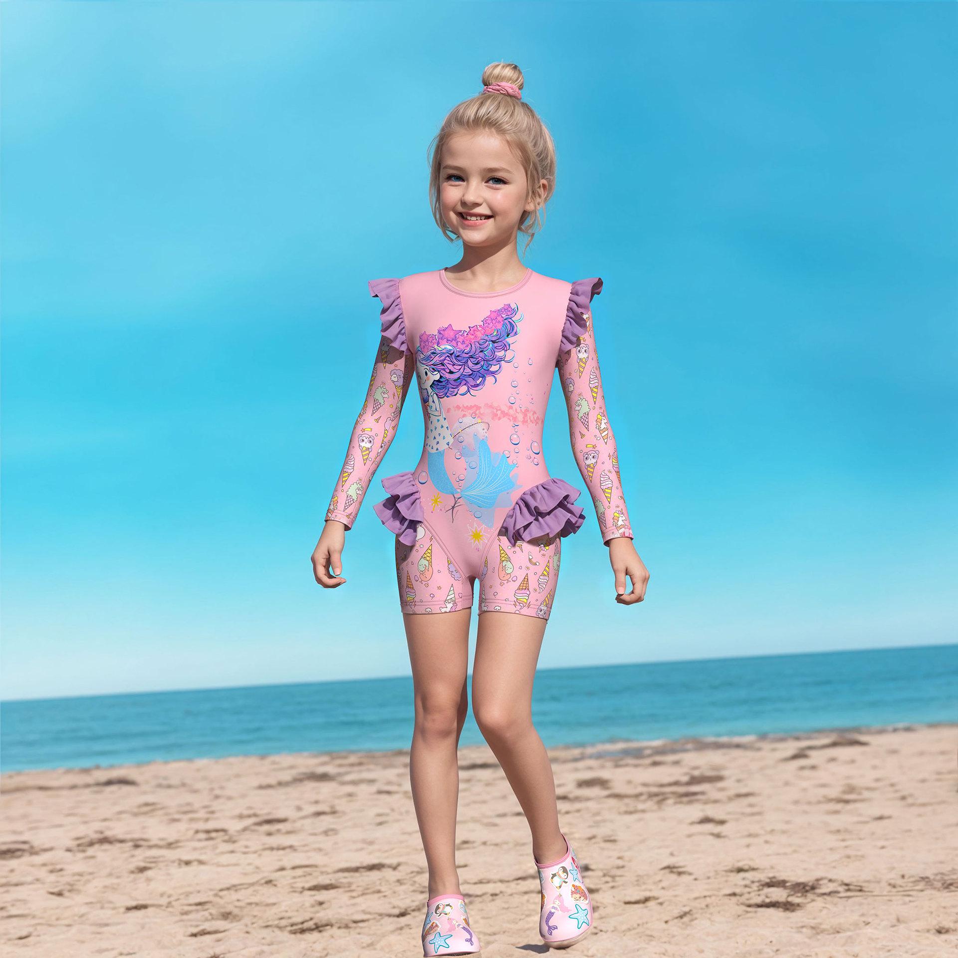 Girls  Long Sleeve One-Piece Ruffle Swimsuit with CPC Certification