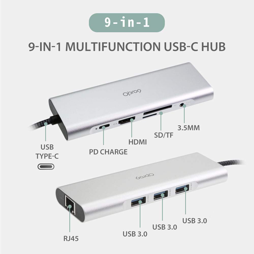Hub USB Opro9 Porturi USB Mufă audio de alimentare 4K și pentru MacBookPro și alte computere Type-C 9-în-1 Multi-hub 3.0 3, compatibil/HDMI/USB-C