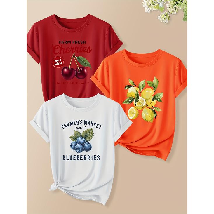 3Pcs Women Short Sleeve T Shirt Set Natural Plant Fruit And Letter Print Retro Round Neck Cute Fashion Tops