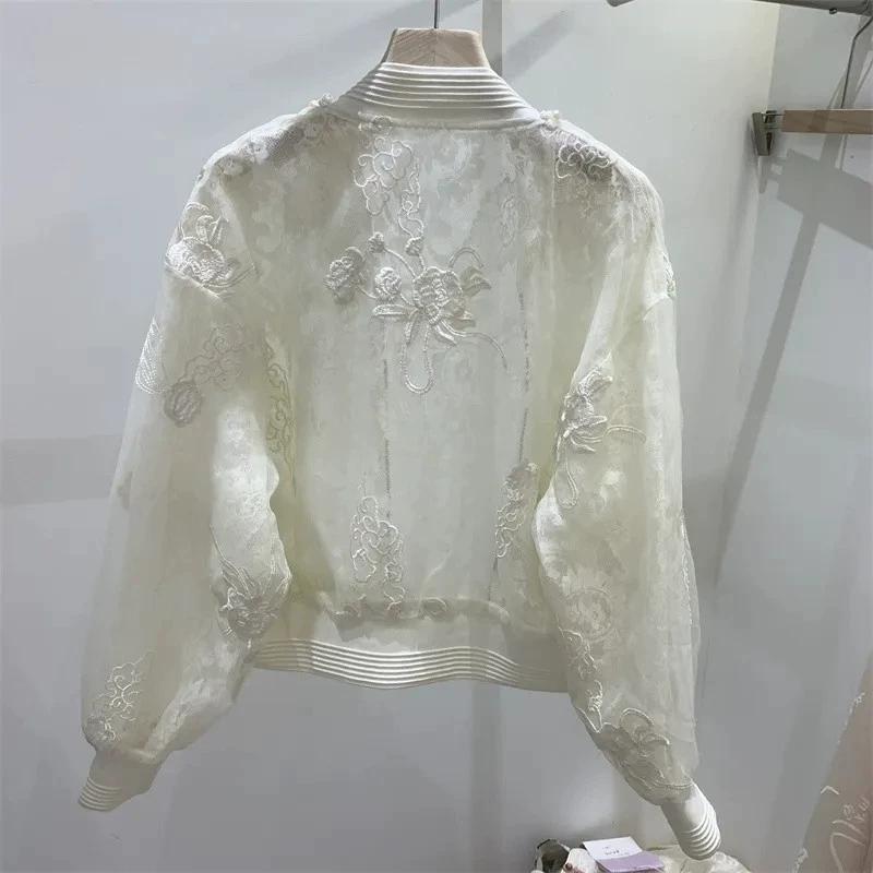 Female Summer Chinese Unique Embroidery Sunscreen Jacket Literary Temperament Solid Color Round Neck Baseball Jacket