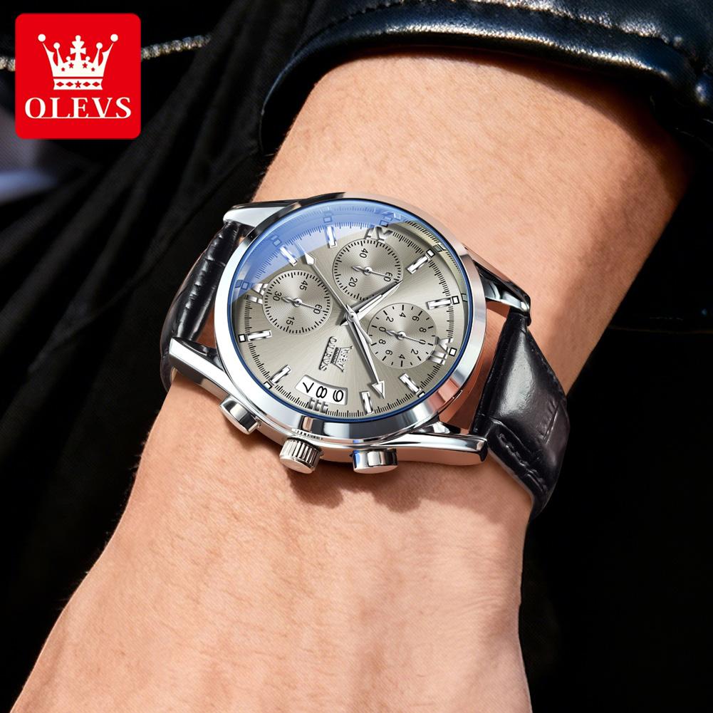 OLEVS 2987 Watches For Man New Original Business Chronograph Quartz Watch Waterproof Luminous Leather Strap Mans Watch Gifts