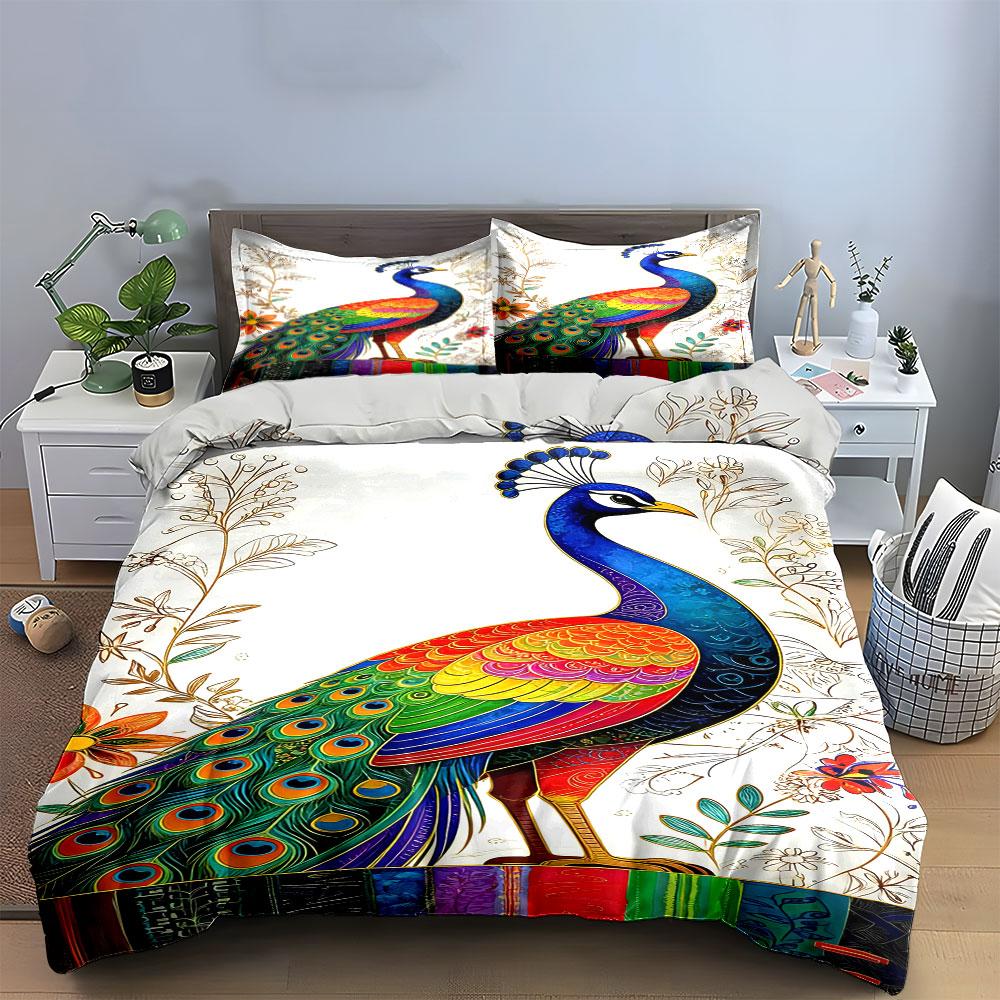 Colorful peacock and floral. Bedding sets Duvet cover sets Duvet covers Pillowcases(1 * Duvet Cover 2 * Pillowcases without duvet insert)