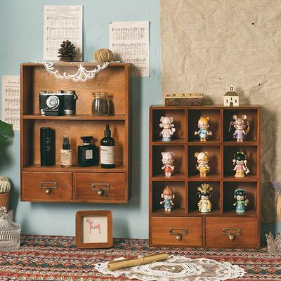 1pc 2/9 Squares Vintage Wooden Dividers Organizer with 2 Drawers,Makeup&perfume&dolls Display Container Cabinet.