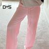 Women Casual Pants Straight Wide Leg Striped Print Long Trousers Adjustable Waist Strap Loose Fit Lounge Pants