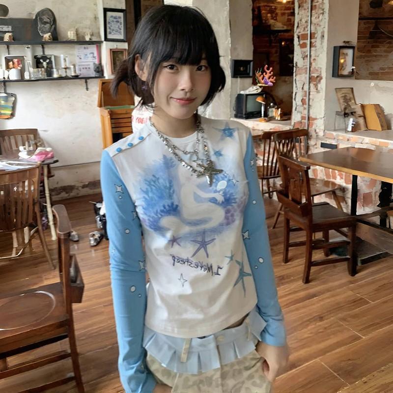 VAYLA Japanese Y2k Anime Print T-shirt Vintage 2000s Aesthetics Patchwork Top Fairycore Blue Long Sleeve T Shirt Lolita Kawaii