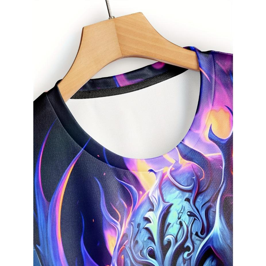Plus Size Men's 3D Glow Skull & Flames Graphic Print T-shirt Funky Short Sleeve Tees For Summer, Halloween Men's Clothing