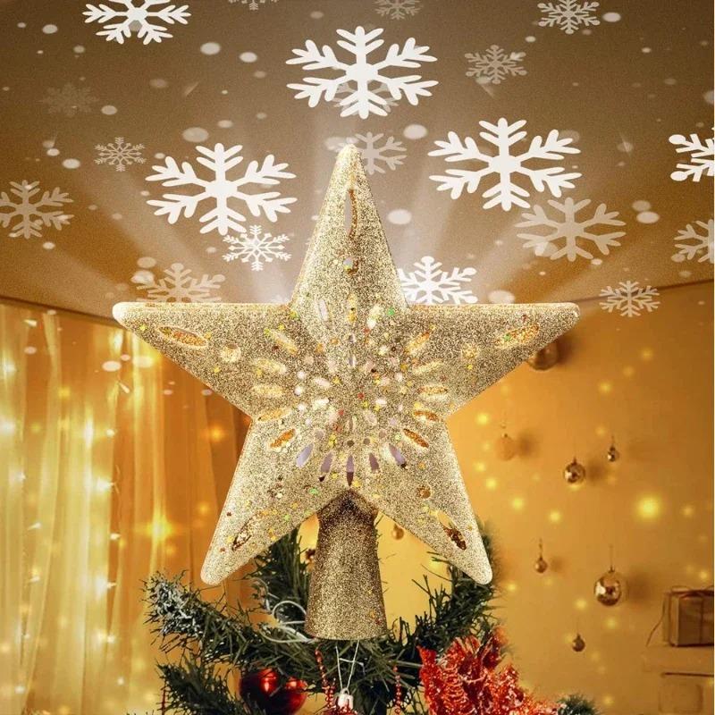 Christmas Tree Topper Lighted with Built-in Led Rotating Snowflake Projector Lights, Hollowed Tree Topper with Plug Christmas Decorations