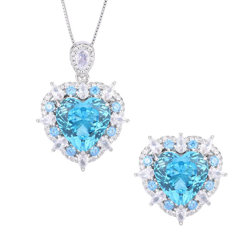 Jewelry Copper Bottom Gold Plated Ocean Heart Set Simulation Aquamarine Pendant Ring Set Main 15 * 15