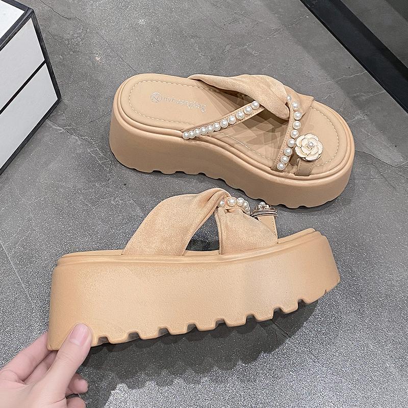 Fashion 8CM Platform Sandals Women 2025 Summer New Non-slip High Heels Flannel Slippers Ladies Open-toed Roman Soft Beach Shoes