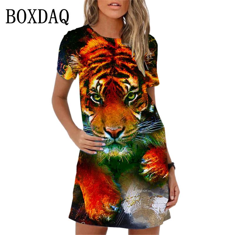 Jarní dámské šaty Módní šaty s potiskem tygra Krátký rukáv Letní ležérní Oversized A-line Minišaty Dámské