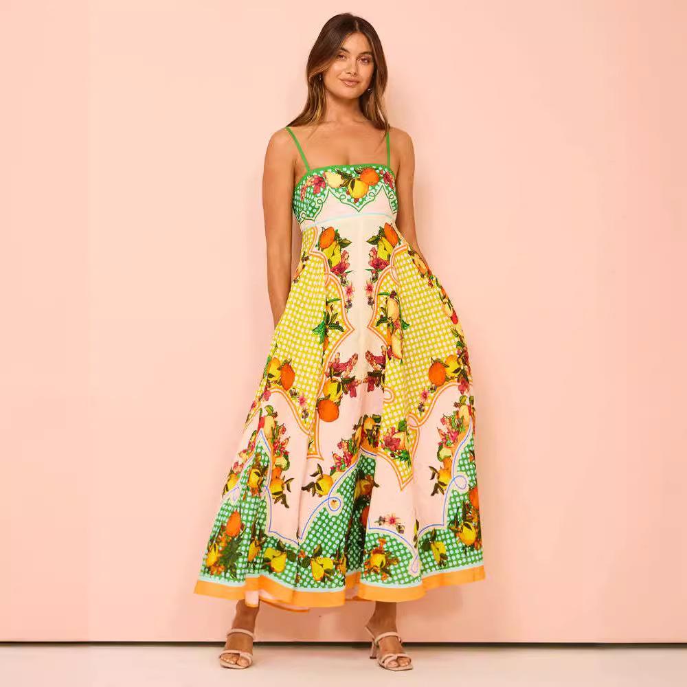 Summer new sexy suspender temperament printed high waist big pendulum dress women