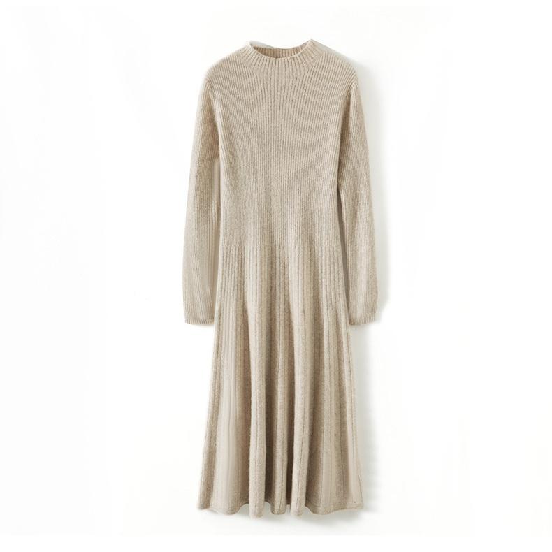 Slimming Mid-length Dress for Women Half Turtleneck Knitted Dress Solid Color A-line Sweater Dress for Autumn and Winter