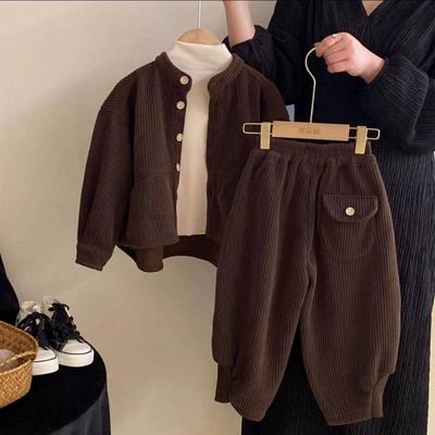 Children's Fall Set: Small/Medium Kids' Casual Solid-Color Buttons Jacket + Pants Two-Piece Set