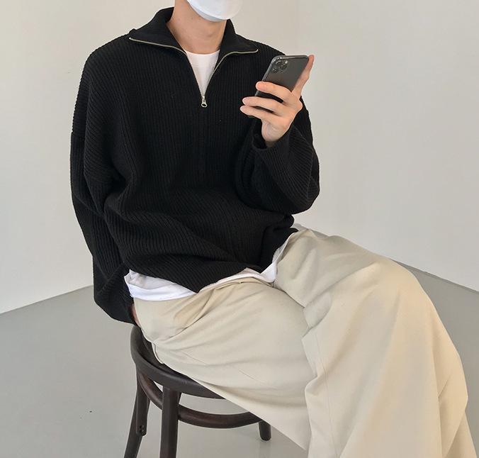 

Мужской кардиган-пальто на осень/зиму - Гонконгский стиль, однотонный, трендовый дизайн, повседневный воротник-стойка, застежка-молния XXL чёрный