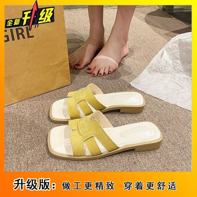 New thick heel casual fashion cool slippers women's shoes 2025 summer new square head low heel one-word versatile slippers women