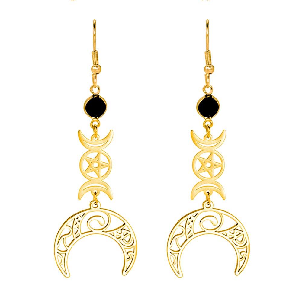 Dawapara Crescent Goddess Black Birthstone Stainless Steel Earrings Triple Moon Wicca Pentagram Gothic Drop Earrings