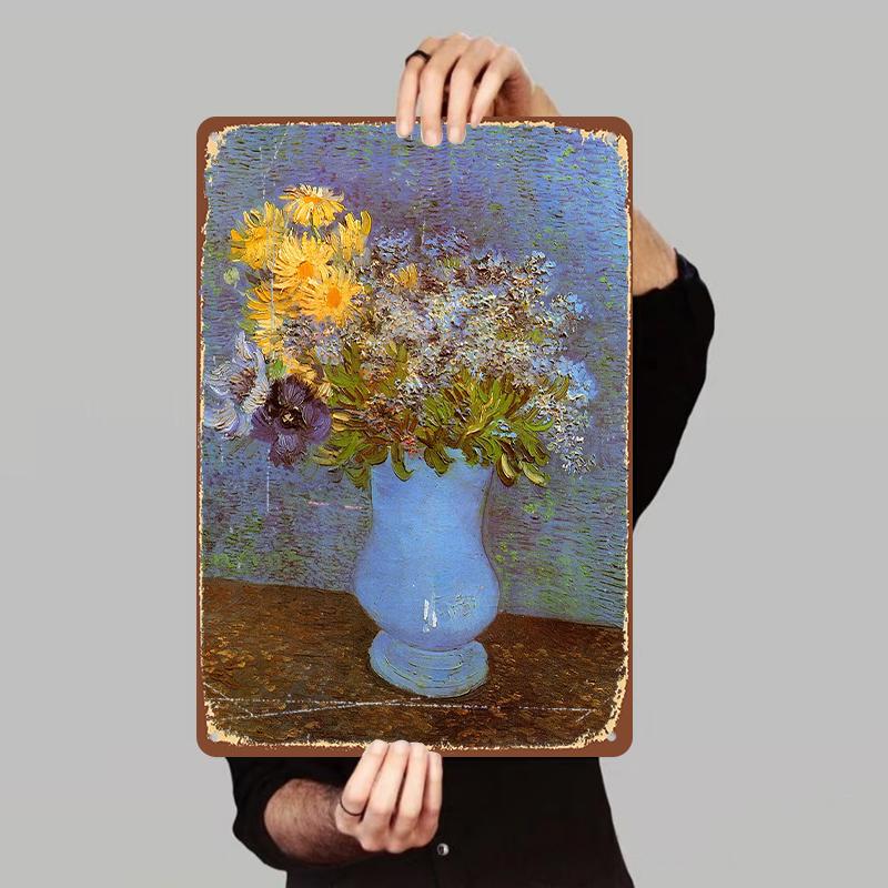 

Van Gogh Style Vintage Flower Still Life Metal Wall Art European Living Room Decorative Iron Painting 7.9x11.8In(20x30cm)