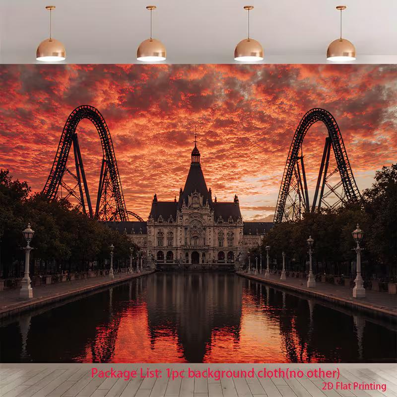 

2D Theme Park Sunset Backdrop, European Castle Roller Coaster Photography Background 47.2x31.5inch/120*80cm
