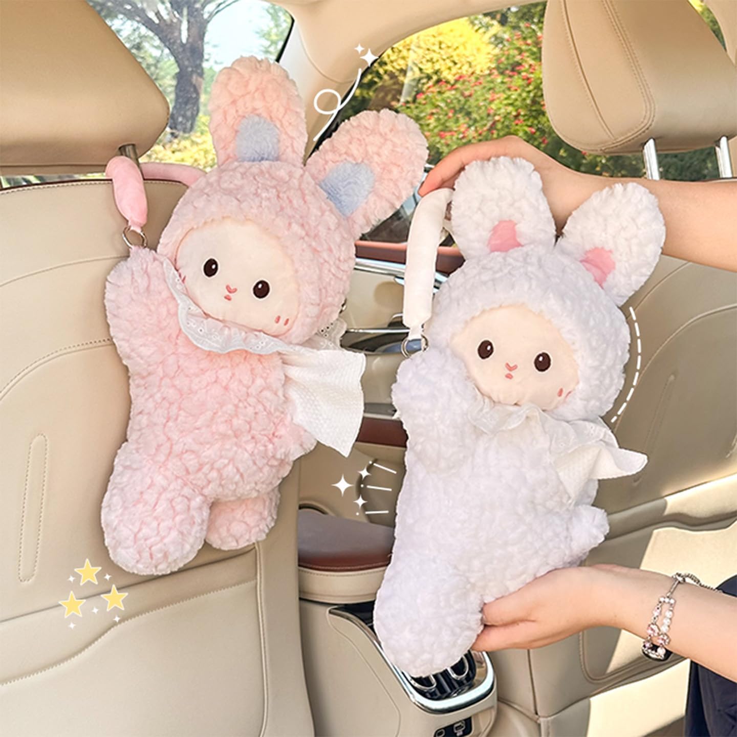 Car Tissue Holder Plush Animal Paper Towel Box Cute Rabbit Hanging Backseat Organizer for Cars Adorable Decorative Tissue Dispenser (Pink Rabbit) Black Lamb