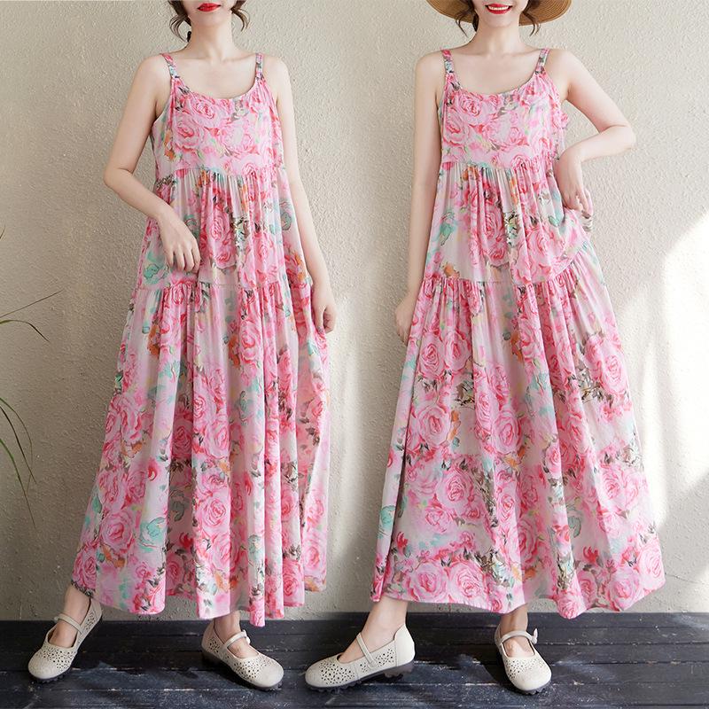 2025 Summer Cotton Linen Printed Long Sling Dress with Patchwork Design