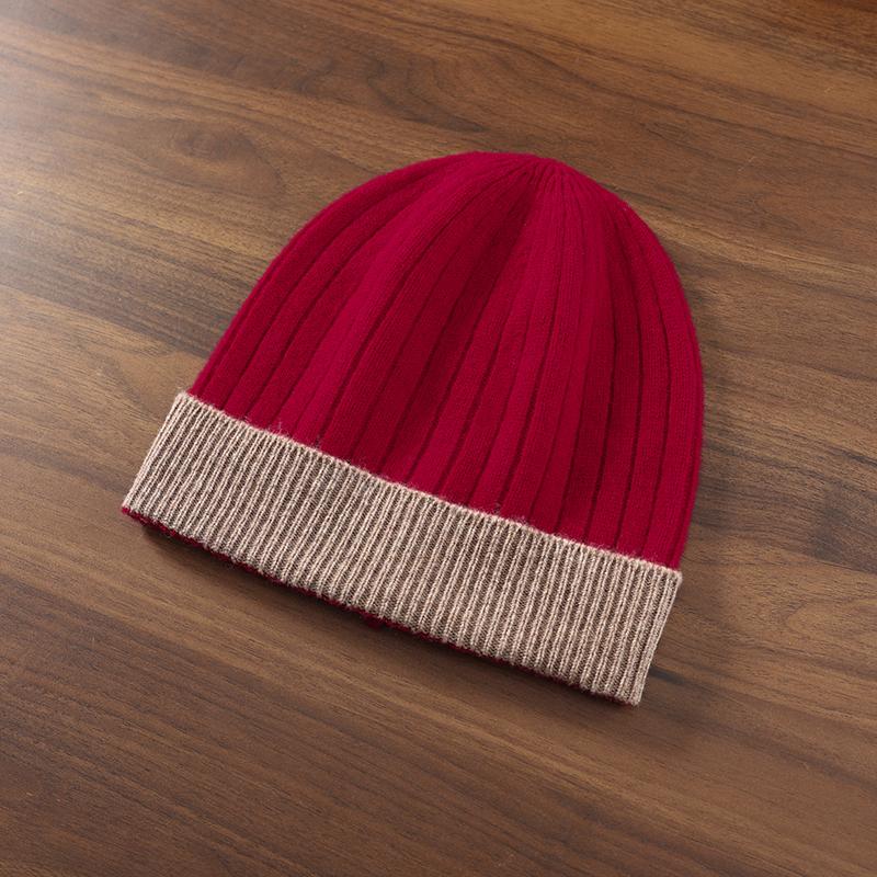 

100%Wool Thick Contrasting Knitted Hat For Both Men And Women Winter Fashion Color Blocking Outdoor Ear Protection Windproof Hat червоний