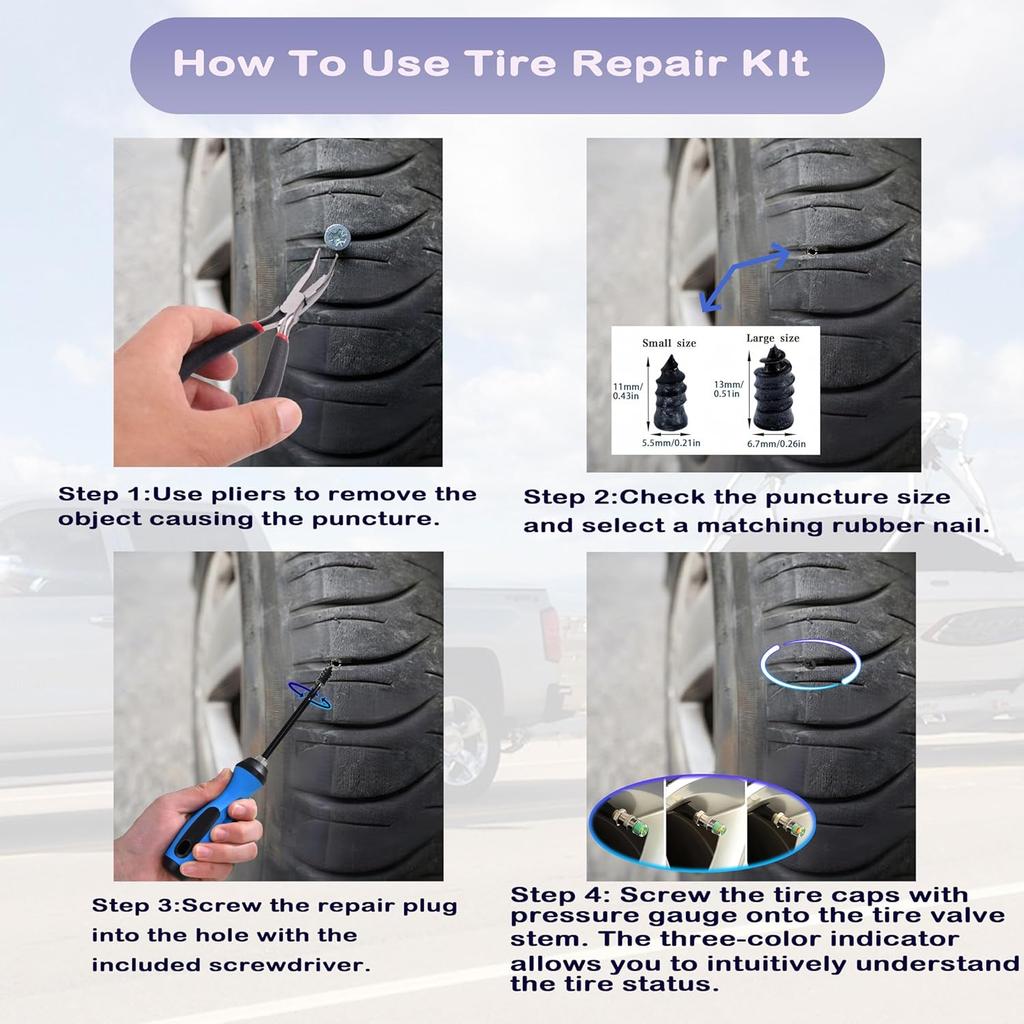 Tire Plug Kit 64 Pcs Tire Repair Rubber Nails Kit With 2 Sizes,Tire Caps With Pressure Gauge,Flat Tire Repair Kit For Car,Motorcycle,Truck,ATV,Tire