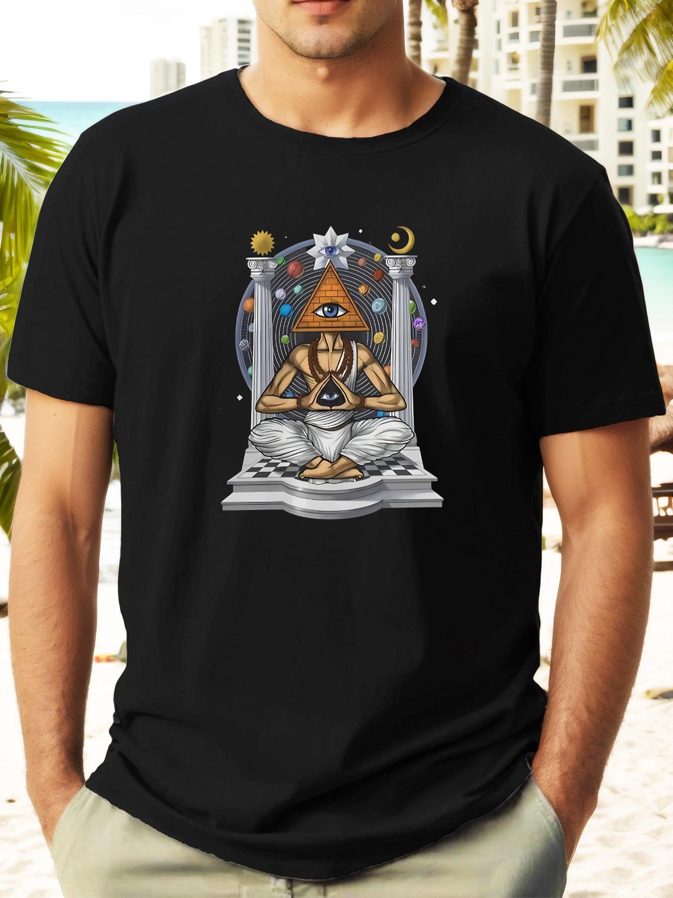 T-shirt with Cartoon Meditating Wizard Graphic Print - 35% Cotton 65% Polyester Blend XXL