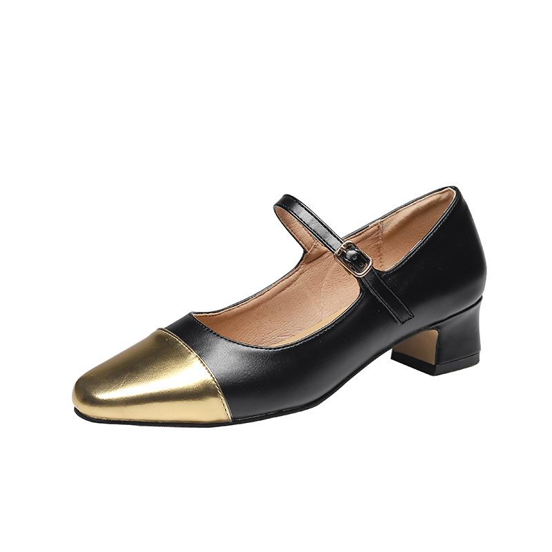

Fashion square toe gold leather patchwork med- high heels shoes woman thick heel ankle strap pumps comfy mary janes shoes for woman 6.5 чёрный