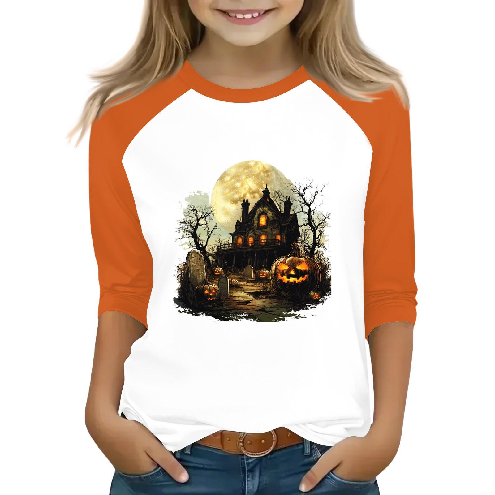 

Топы для девочек-подростков 4-16 лет, футболки с круглым вырезом и рукавами 3/4, модные топы, нарядные футболки на Хэллоуин 120