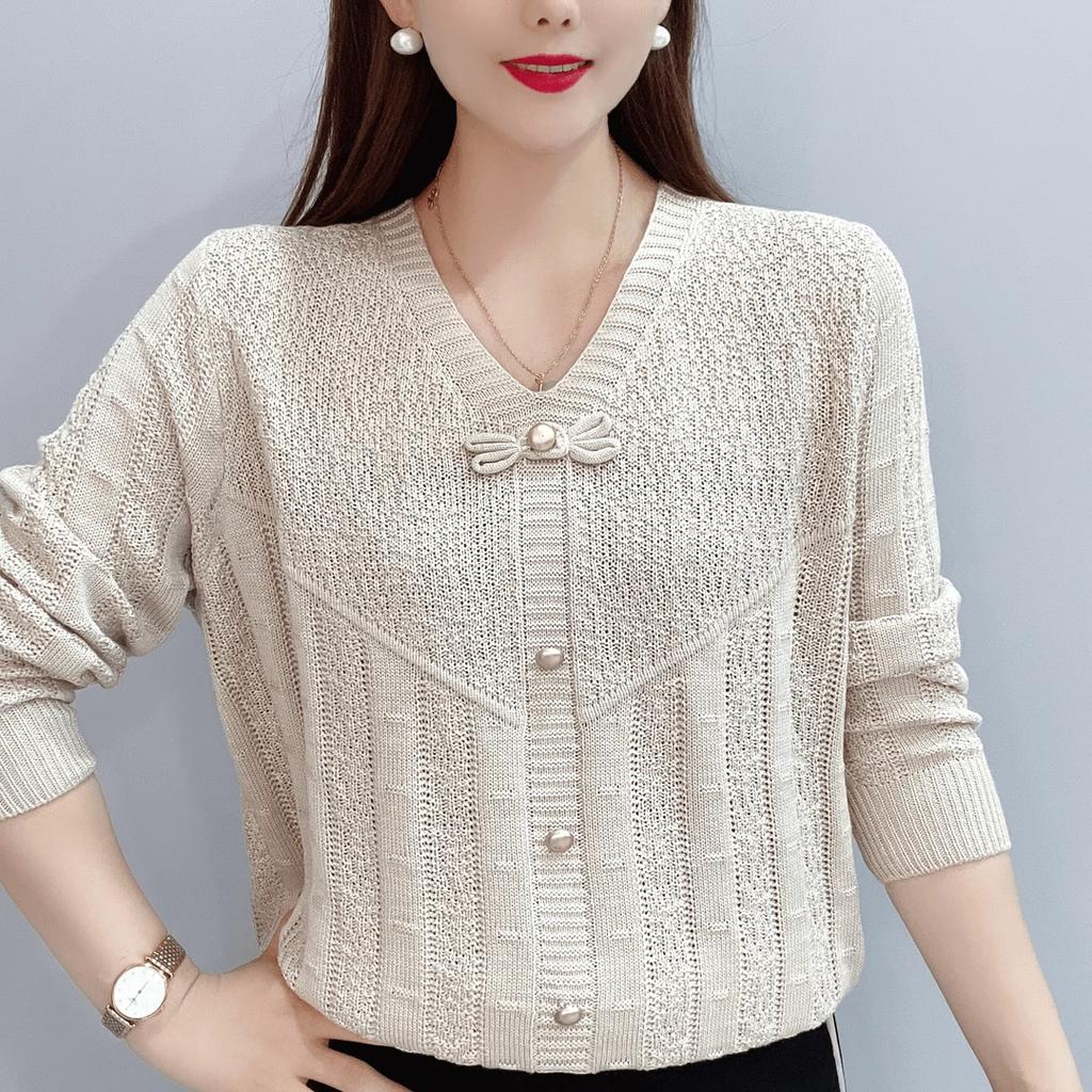 Knitted Sweater Loose and Versatile Sweater Butterfly Knot Long Sleeved Mom Hollow Bottom Top
