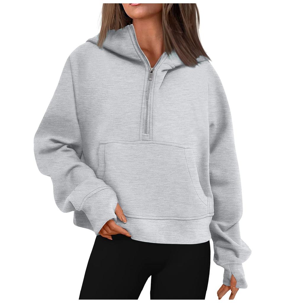 Women’s Hoodies Solid Color Loose Short Half Zip Pockets Thumb Hole Long Sleeve Pullover Sweatshirts