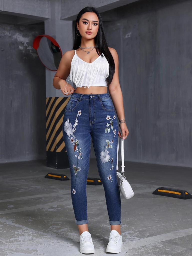 Damskie Jeansy Rurki z Haftem, Rozciągliwe, Wysmuklające, z Niskim Stanem, Styl Retro, Jesień 2025