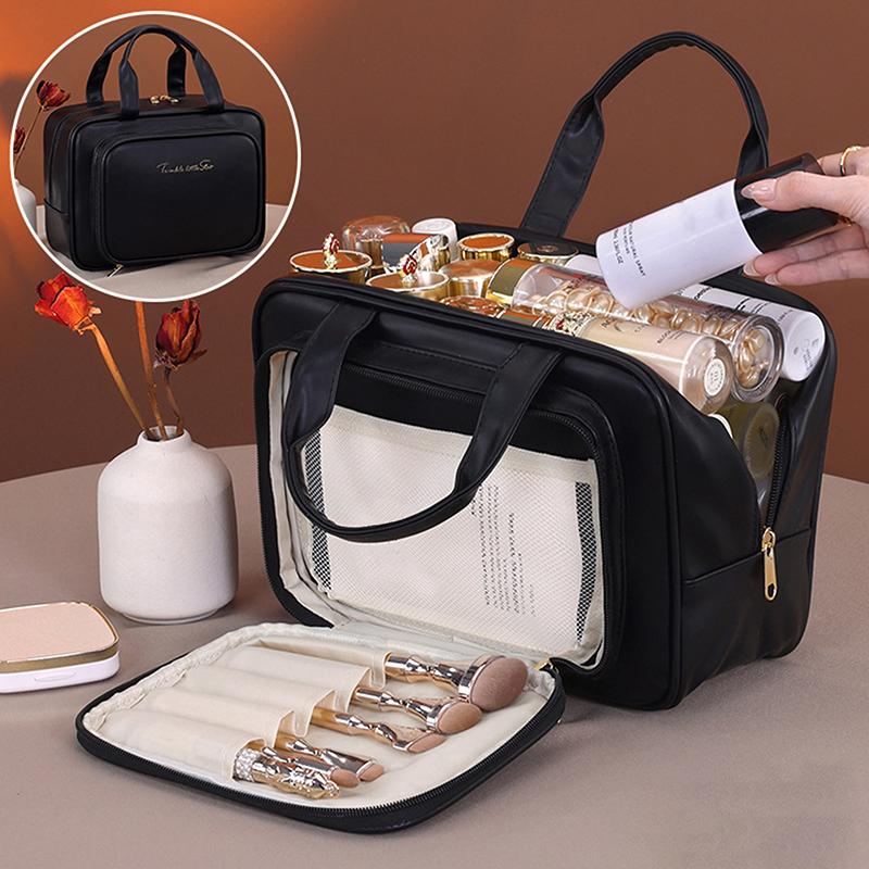 1 Stück Pu-Leder Doppelschicht-Make-up-Tasche Große Kapazität Kosmetiktasche Luxus-Kosmetik-Organizer Damen Reiseutensilien