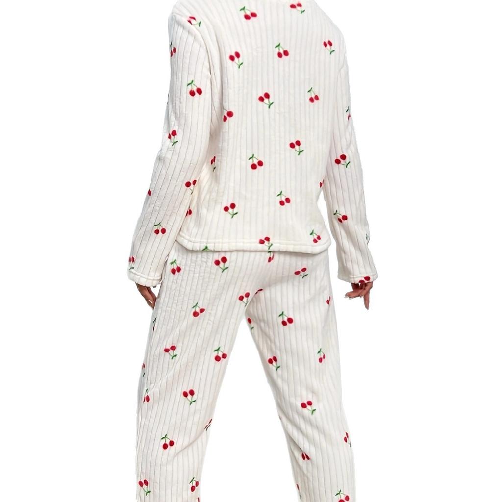 New Autumn Winter Women Coral Fleece Pajama Set, Cherry Printed Fleece Lined Warm Round Neck Loungewear