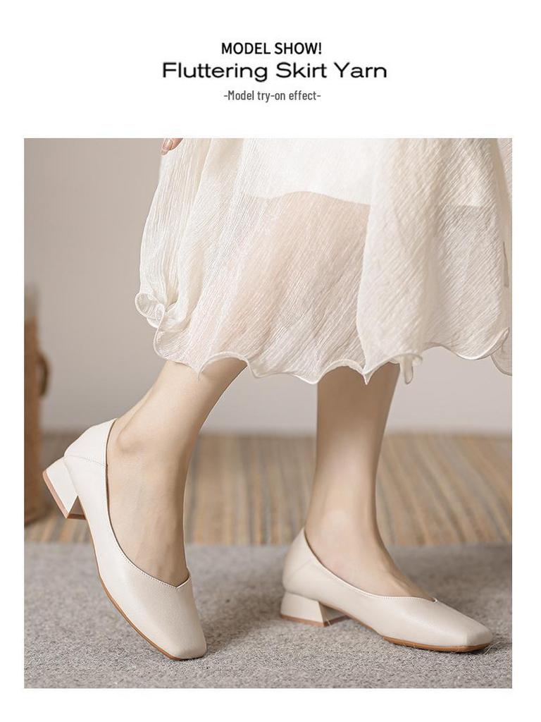 2023 Retro Soft Leather Square Toe Medium High Heel Women's Shoes
