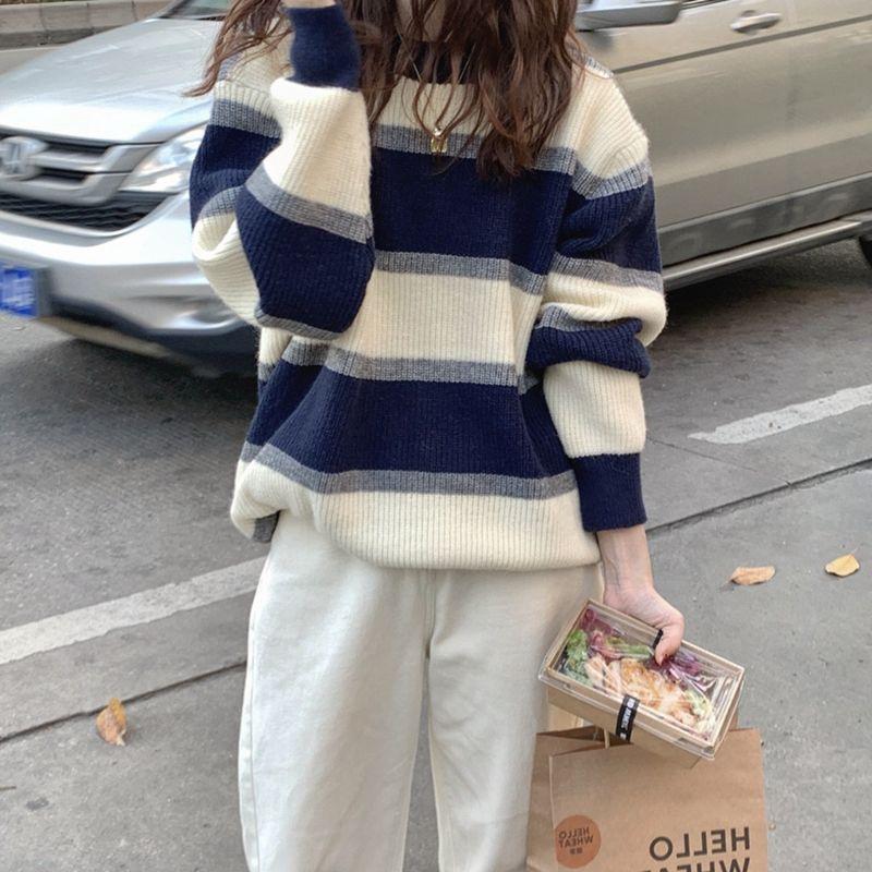 Contrast Striped Sweater Women's Spring and Autumn Korean Version Retro Loose Languid Style Thick Knit Top