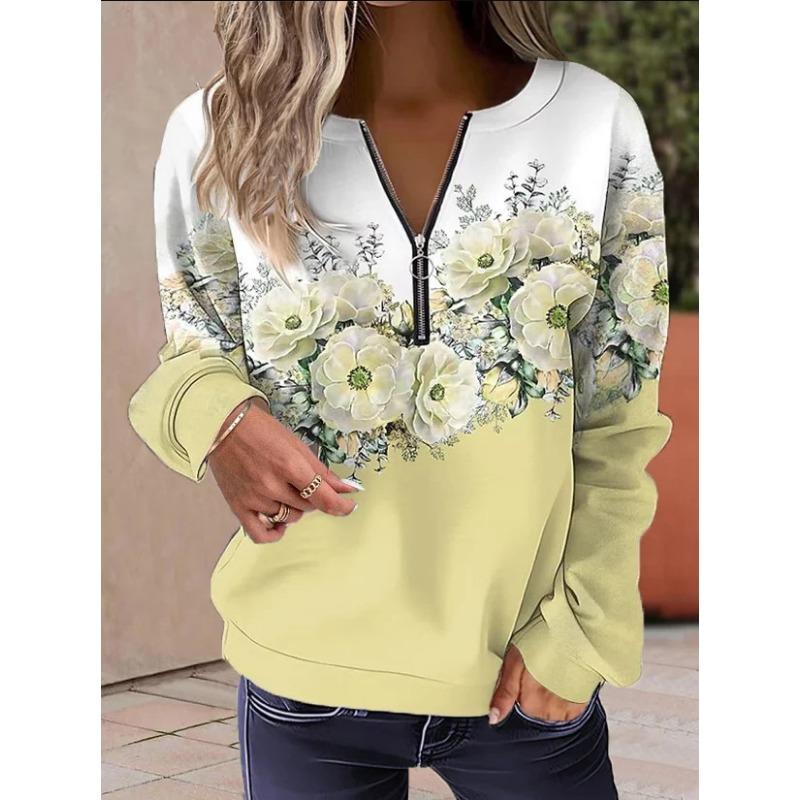Womens Floral Print Half Zip Sweatshirt Casual Long Sleeve Pullover Top Streetwear