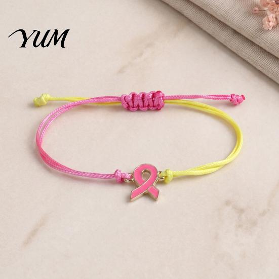 Breast Cancer Awareness Jewelry 2 Pcs Bracelets, Adjustable Braided String Unisex Cord Bracelet Bracelets with Ribbon Charm, Inspirational Gifts