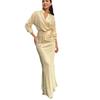 2025 New Fashion: Elegant Satin Long Sleeve Tie-Up Top & Midi Skirt