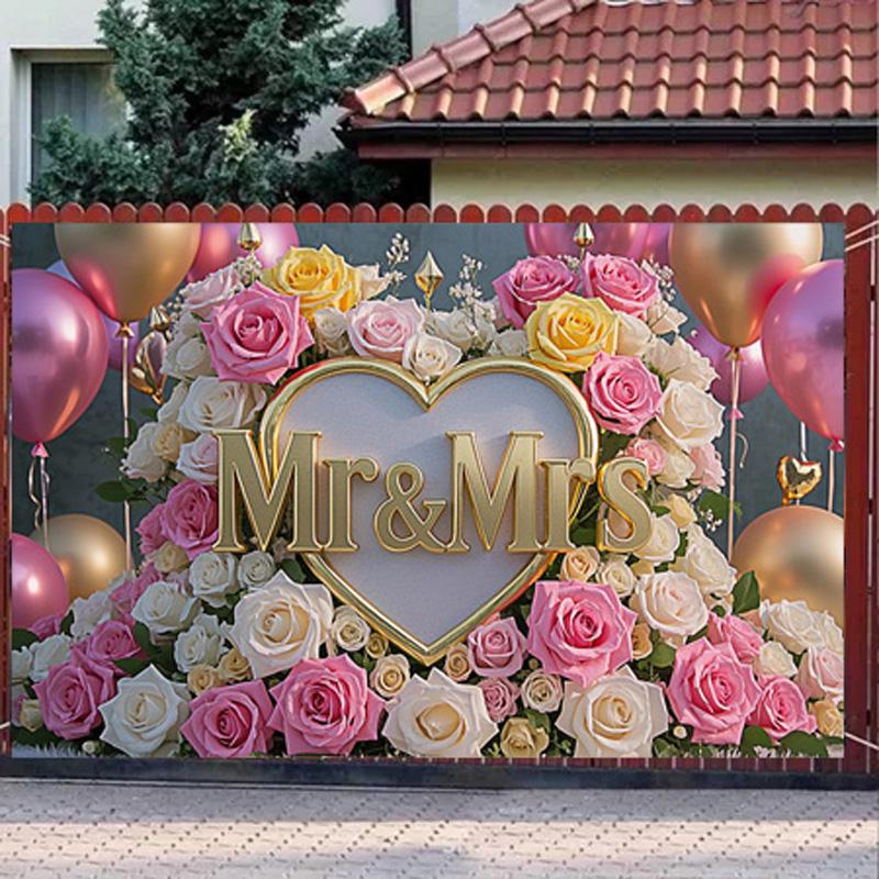 1pc Backdrop with Heart-Shaped Floral Design,Pink&Golden Theme,for Photo Booths,Anniversaries,Weddings,and Festive Decorations,Indoors and Outdoors