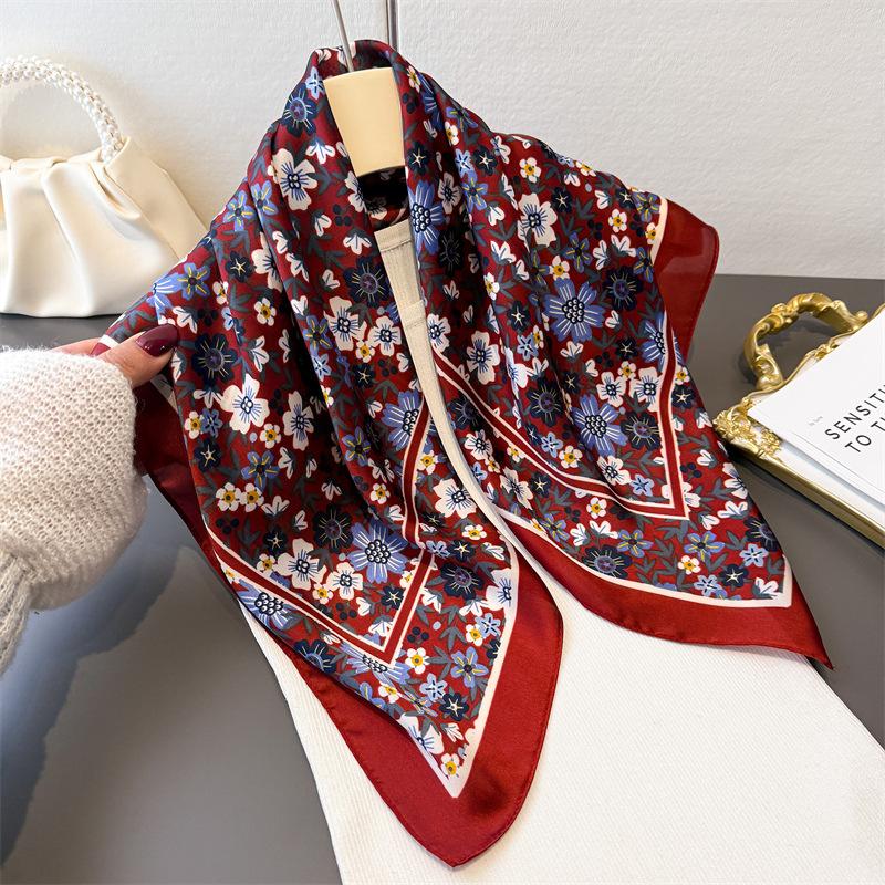 2026 New Soft Stain Floral Print Square Scarf For Women Elegant Ladies Hijab Neckerchief Shawl Luxury Imitation Silk Scarves