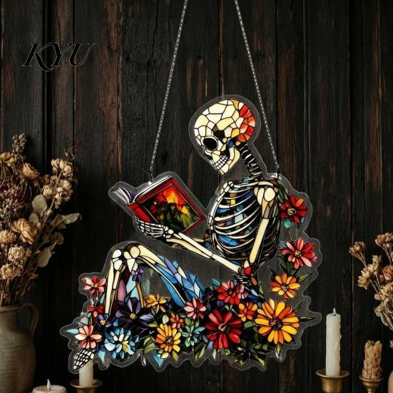 Gothic Aesthetic Room Decor Stained Glass Skull Suncatcher, Acrylic Colorful Window Hanging Wall Art Personalized Trendy Painted Pendant with